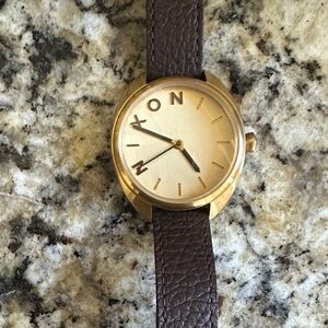 Nixon Gold-Tone Dial Watch with Brown Leather Strap